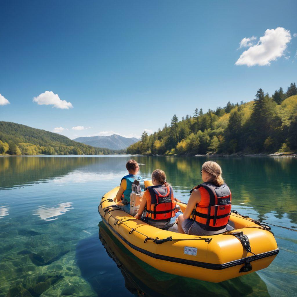 A serene boating scene showcasing a family joyfully enjoying their day on a sparkling lake, with a life jacket prominently displayed to emphasize safety. In the background, a charming coastline and a clear blue sky add to the peaceful ambiance. Include subtle hints of insurance documents or symbols of coverage, such as a shield or checkmark, to highlight the importance of liability coverage. The overall mood should be vibrant and welcoming, conveying a sense of adventure combined with safety. super-realistic. vibrant colors. idyllic landscape.